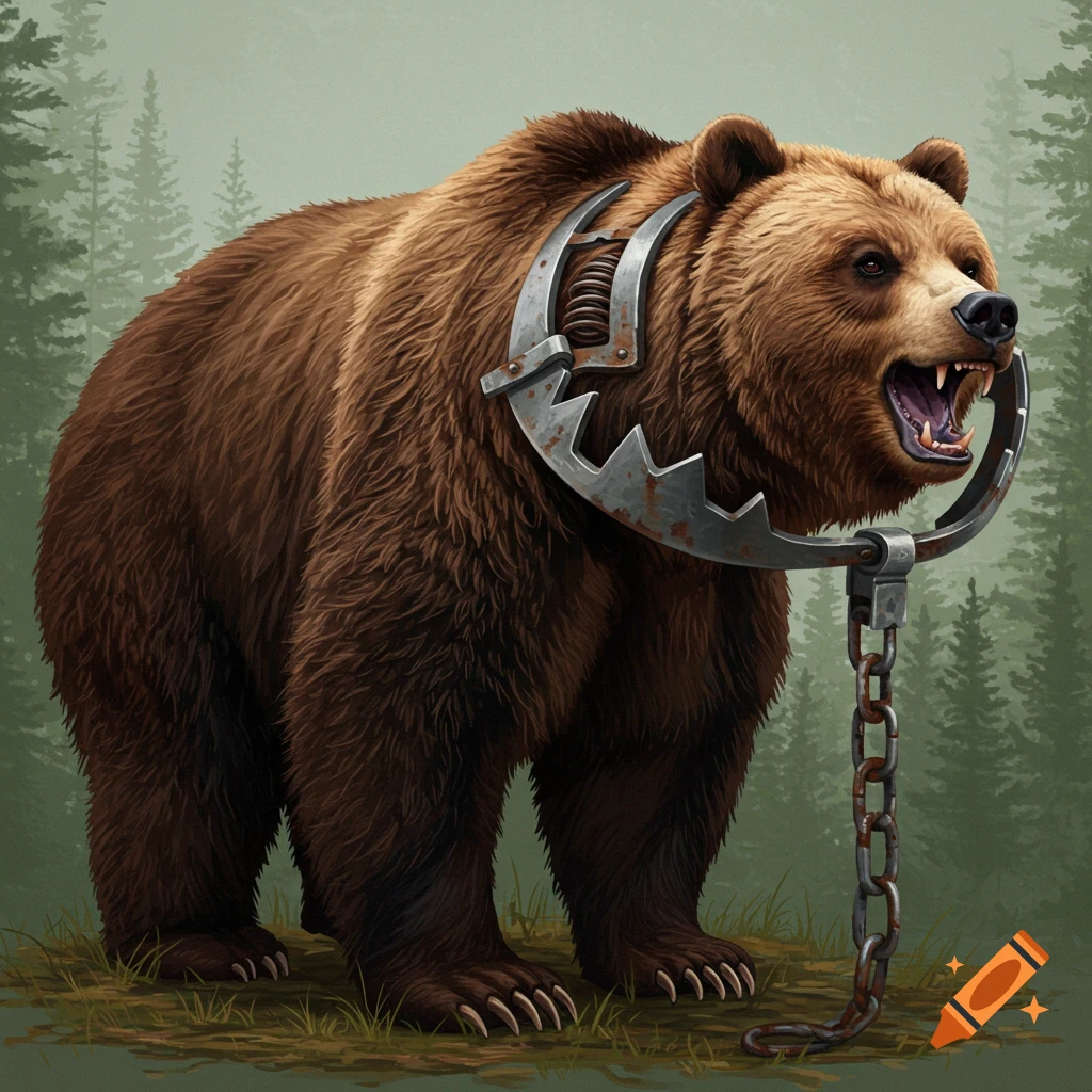 A brown bear stands in a forest, its head replaced by a large metal bear trap.