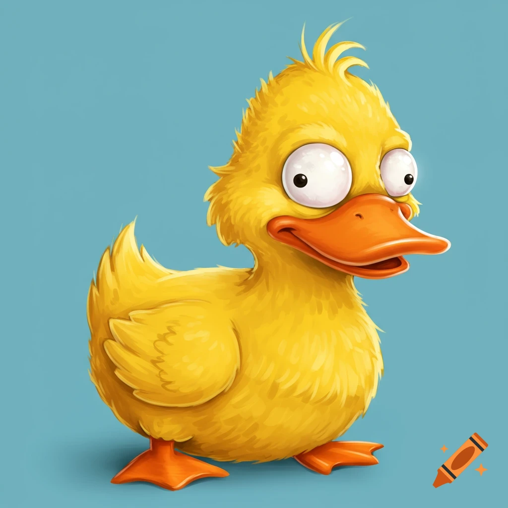 A cartoon yellow duck with large eyes