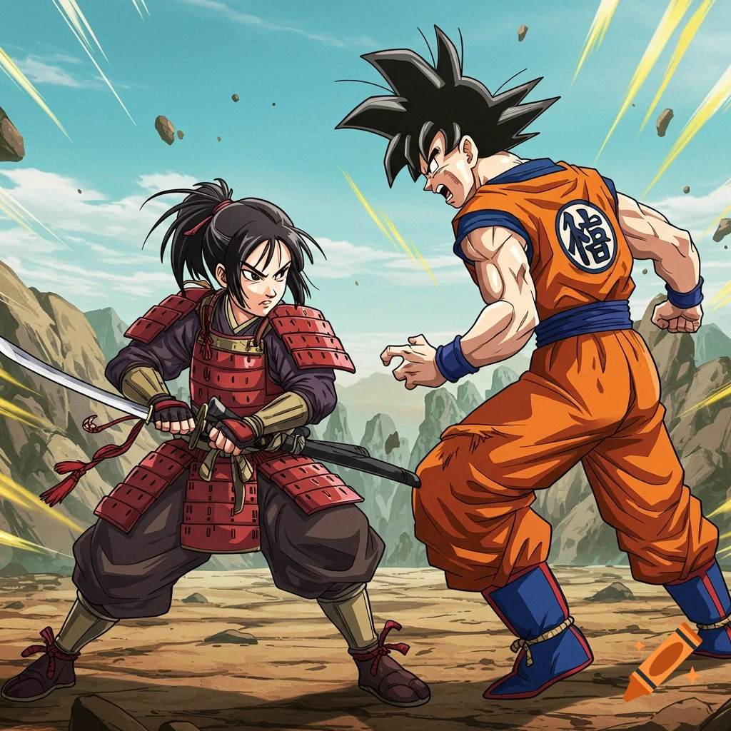 Anime style illustration of Goku facing a samurai girl with a sword in a rocky landscape.