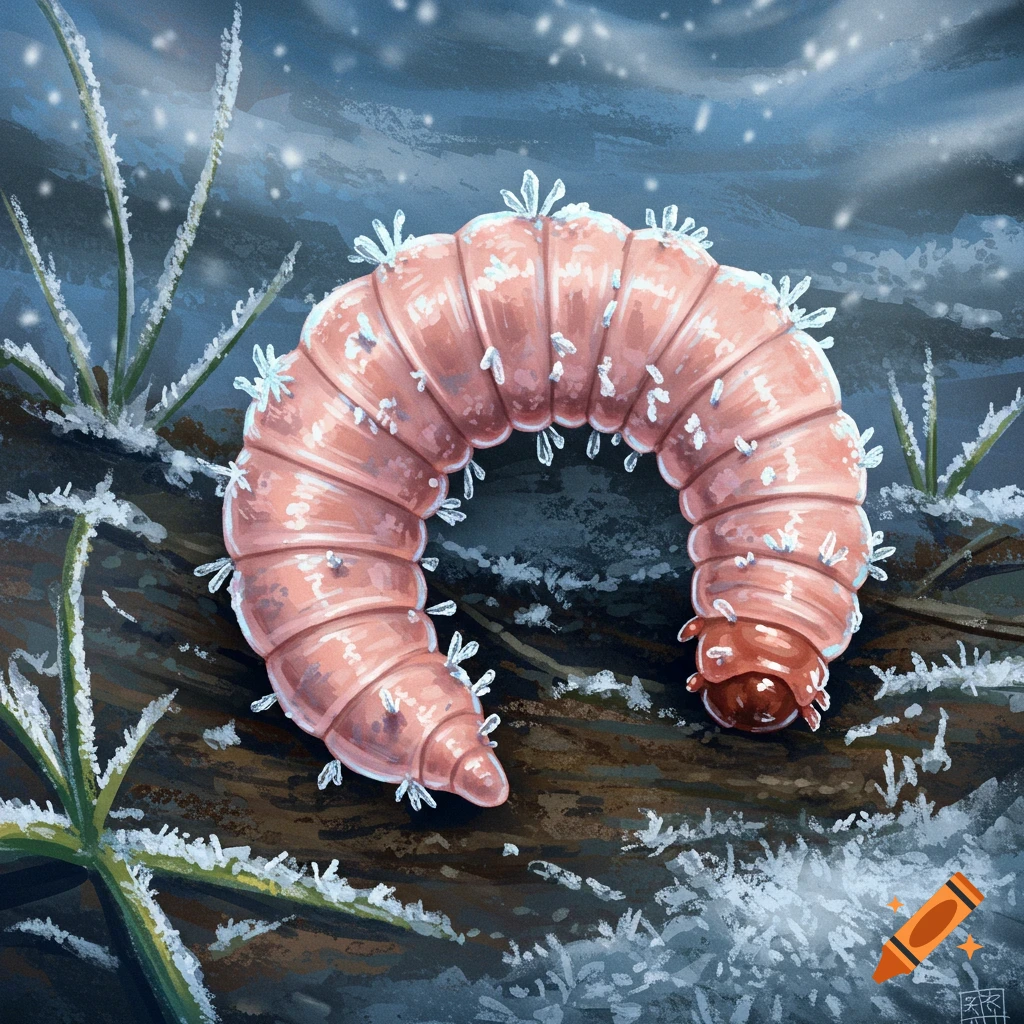 A pink worm curled on the ground covered in frost and snow.