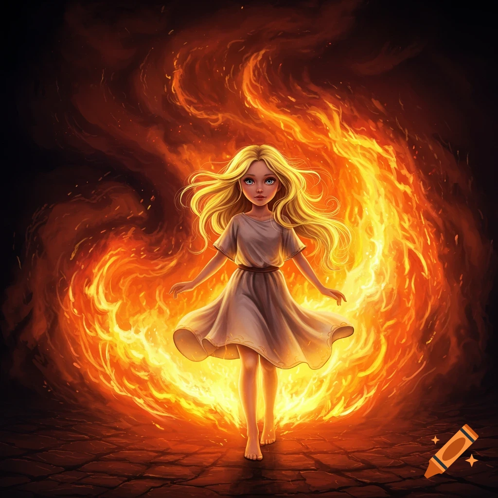 A blonde girl stands against a swirling wall of fire.