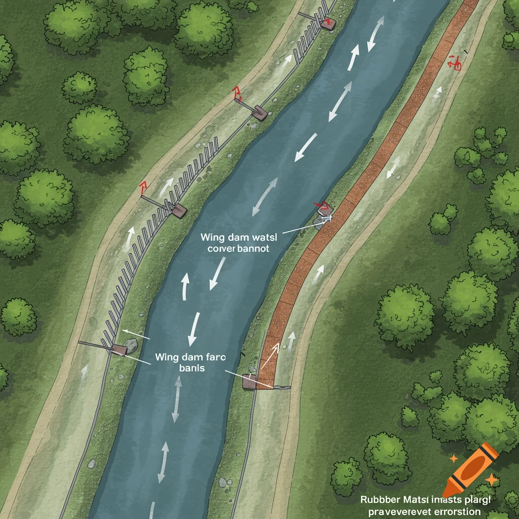 Illustration of a river from above with flow arrows, showing wing dams and erosion control mats.
