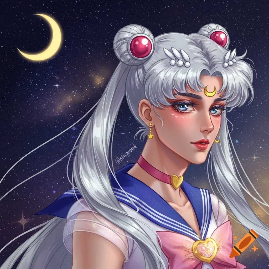 Portrait of a gender-bent Sailor Moon character in uniform against a starry night sky with a crescent moon.