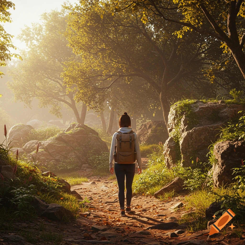 A person with a backpack walks away on a dirt path through a sunlit forest.