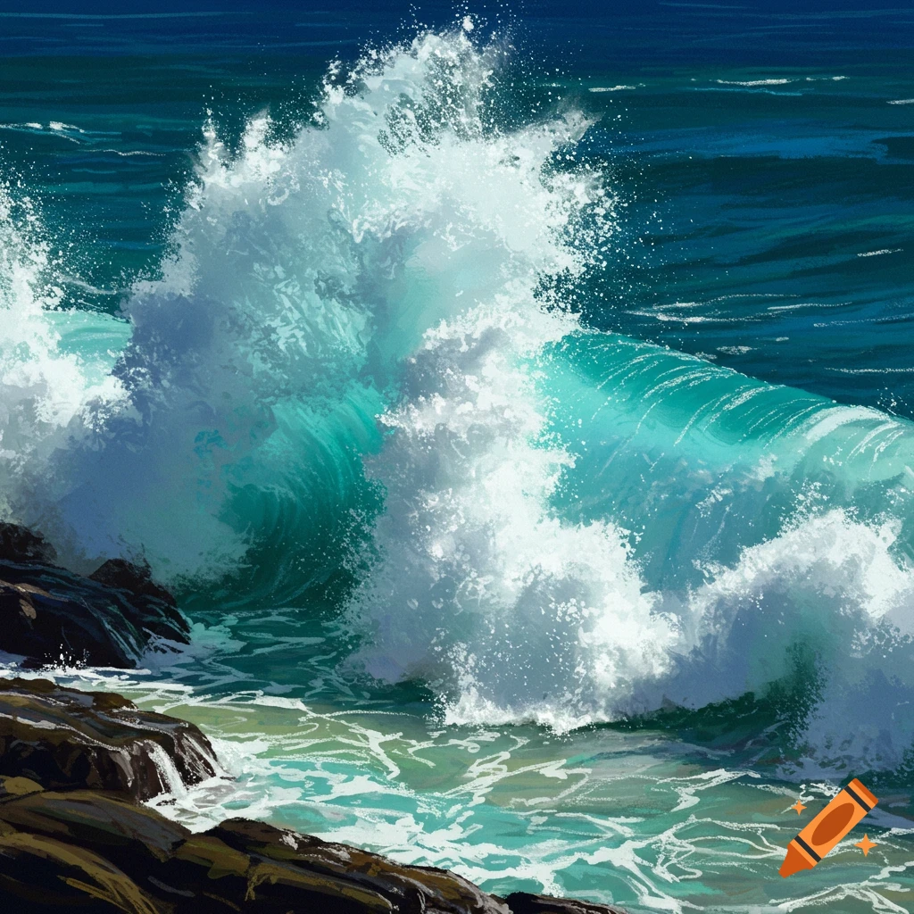 A large turquoise wave crashing onto rocks.
