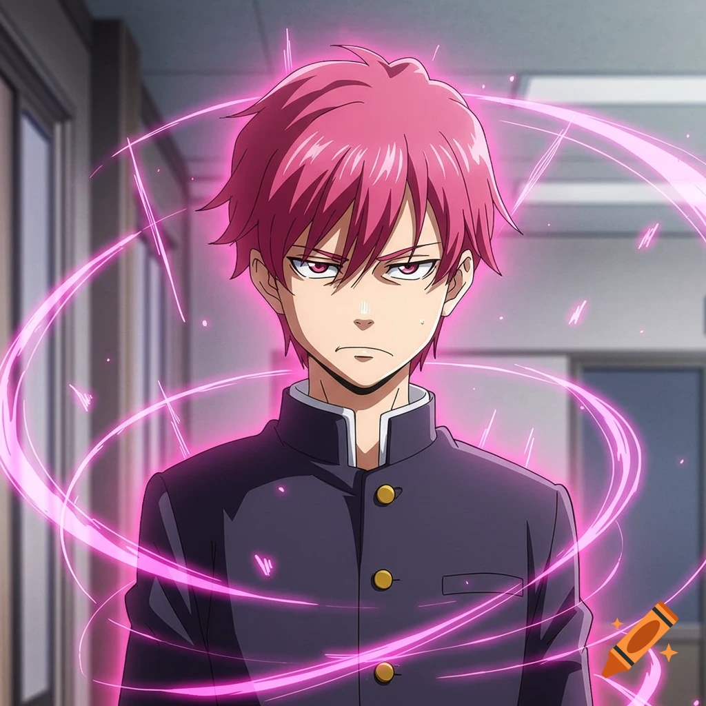 Anime character with pink hair and glowing eyes in a school uniform, surrounded by pink energy effects.