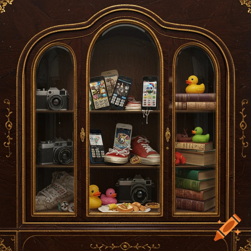 A detailed depiction of an ornate wooden display cabinet filled with miscellaneous objects like cameras, phones, books, rubber ducks, shoes, and snacks.