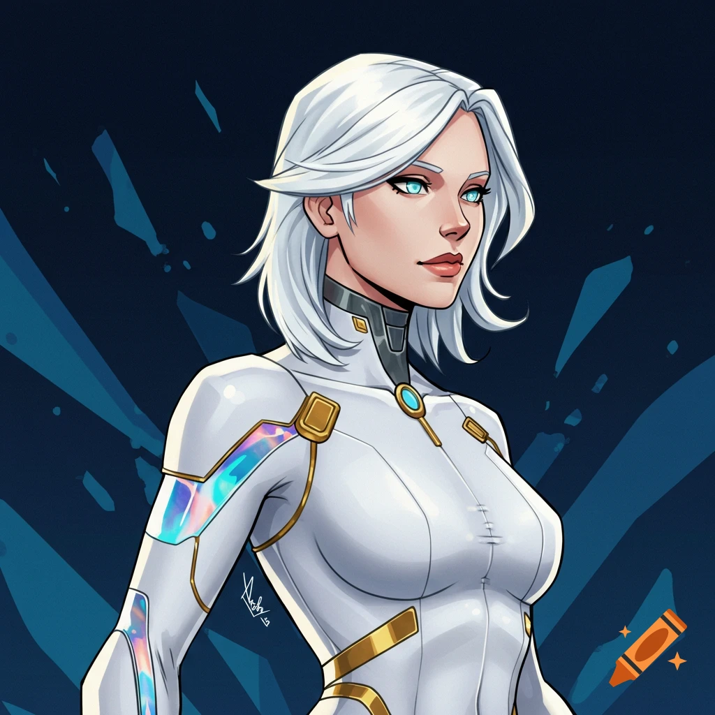 Illustration of a white-haired woman in a white and gold futuristic suit with iridescent details, against a dark blue background.