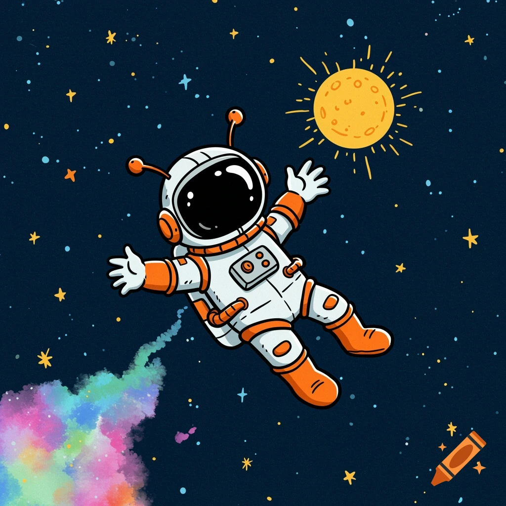 A whimsical cartoon astronaut floats in space near a colorful nebula and the sun.