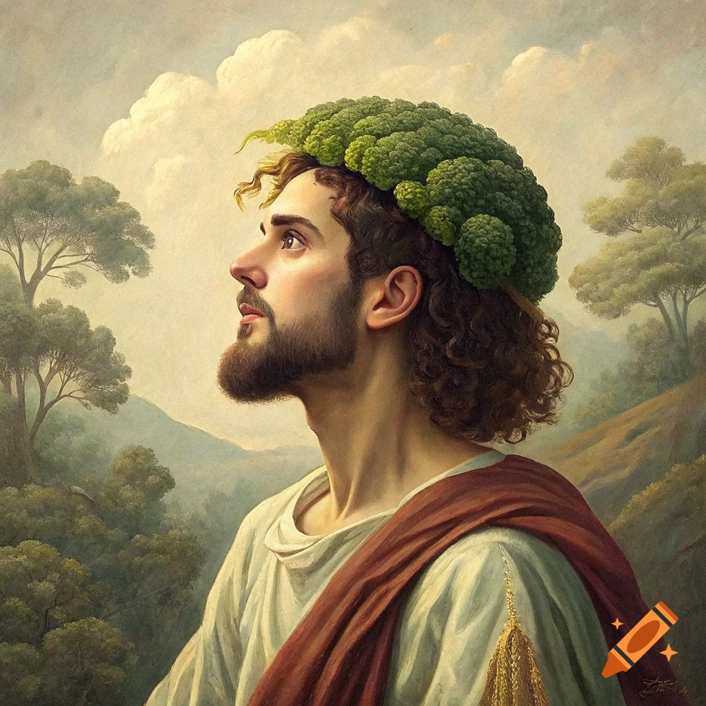 Oil painting of a man resembling Jesus wearing a broccoli crown in a landscape.