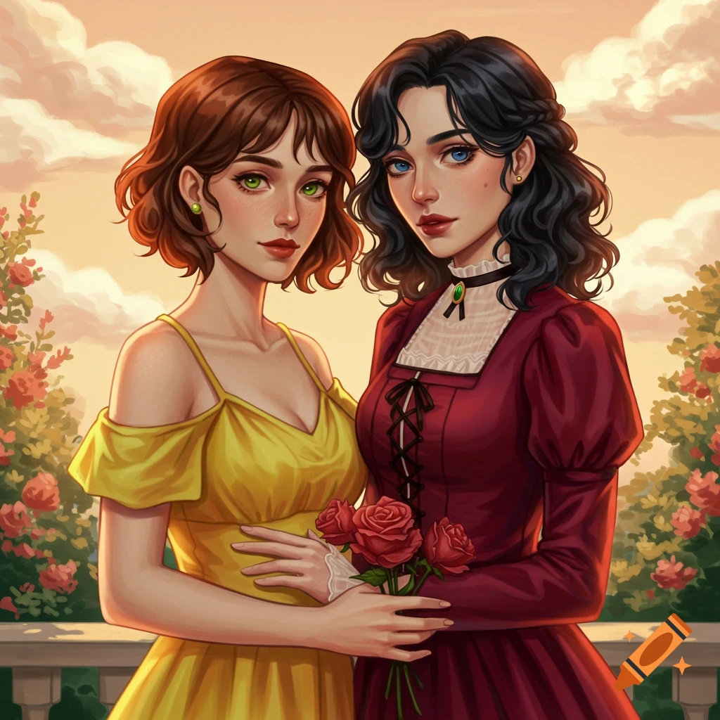 Two women in dresses stand on a balcony with roses against a sunset sky, digital art.