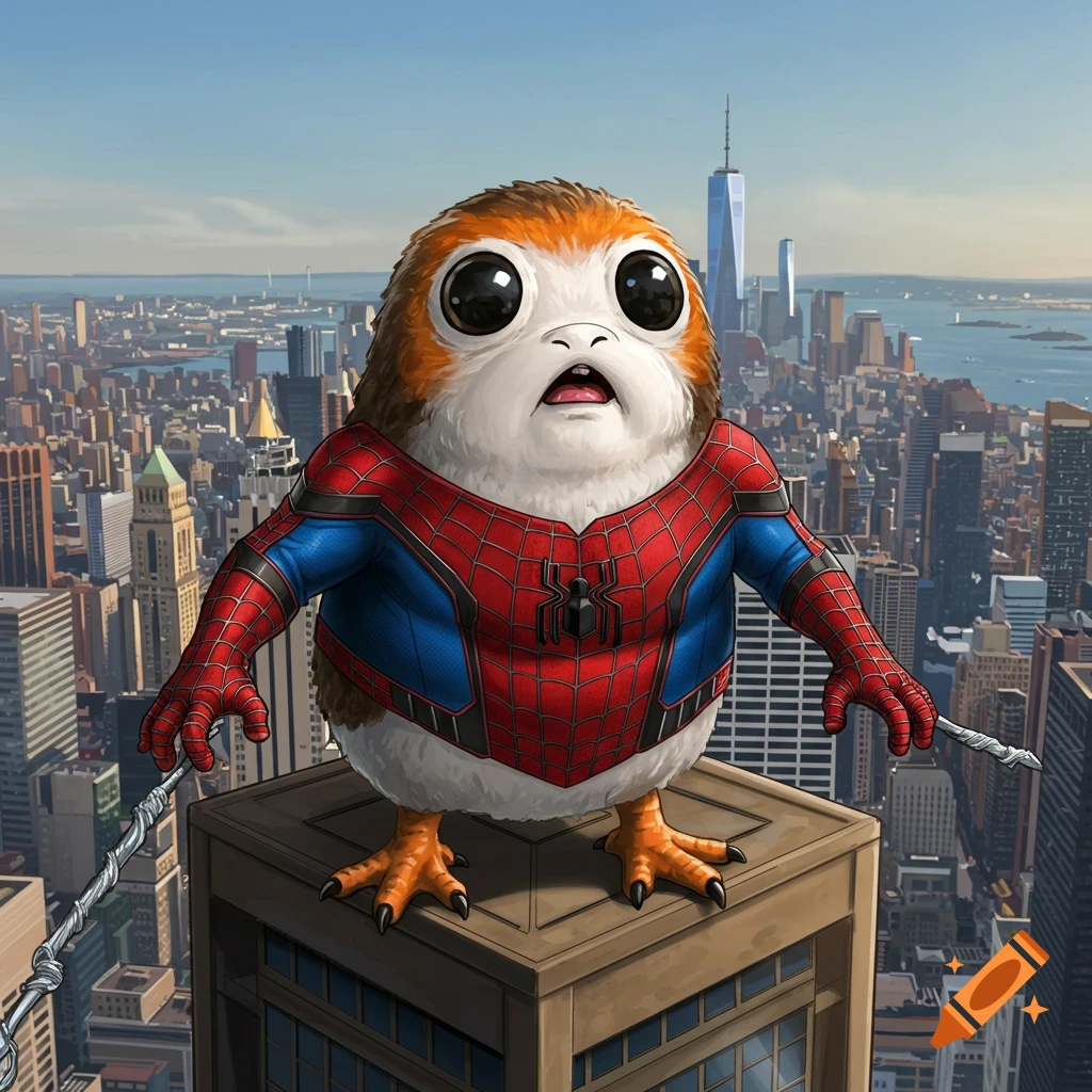 A Porg in a Spider-Man costume stands on a skyscraper overlooking NYC.