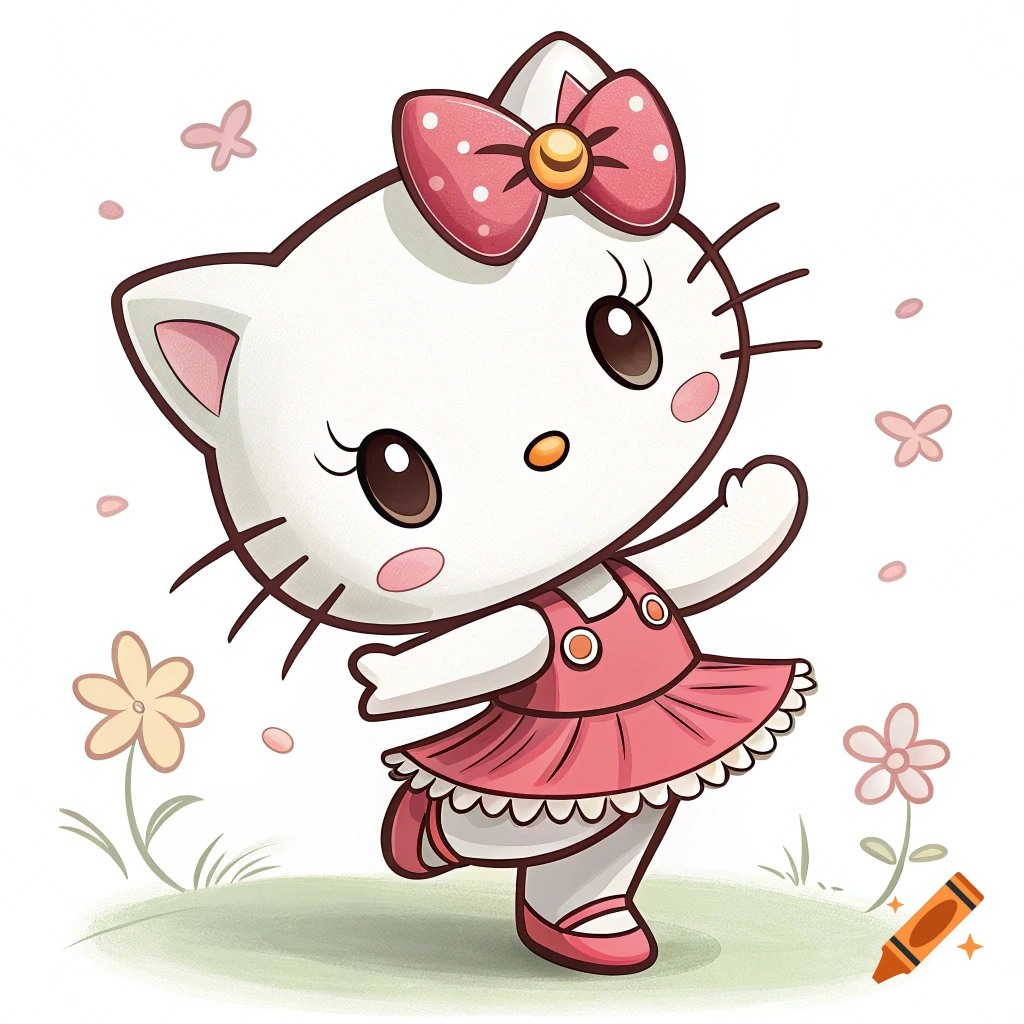 A cartoon character resembling Hello Kitty wearing a pink dress dances in a field with flowers.