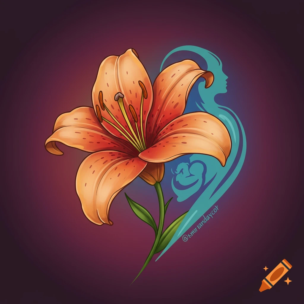 An orange lily flower with a blue motherhood silhouette.
