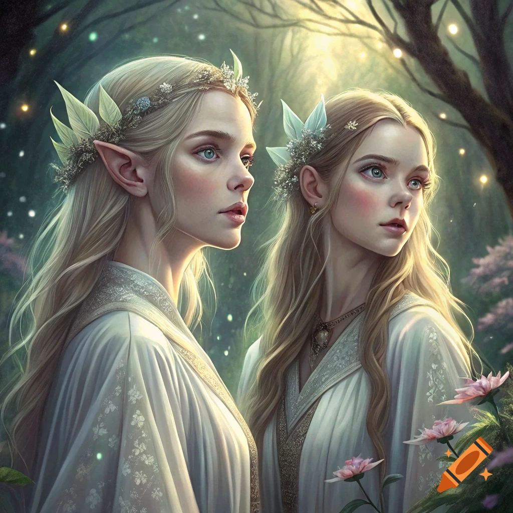 Two elf women in a glowing forest.