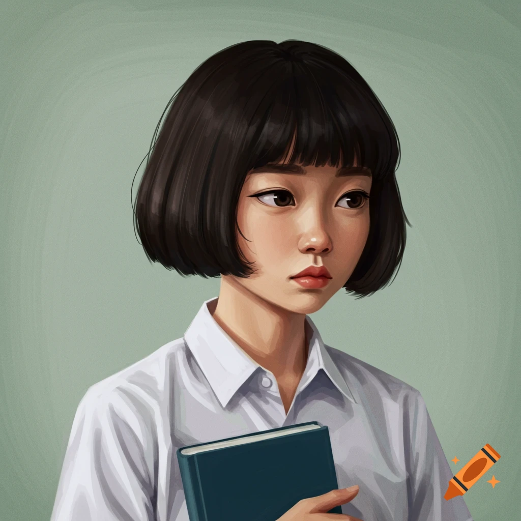 A young woman with short dark hair, wearing a white shirt, holding a blue book.