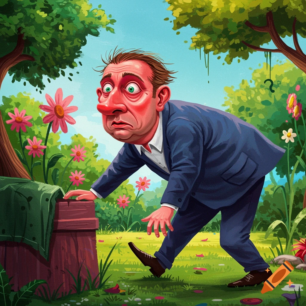 Stylized illustration of a grotesque man with a red face and wide eyes in a surreal garden.
