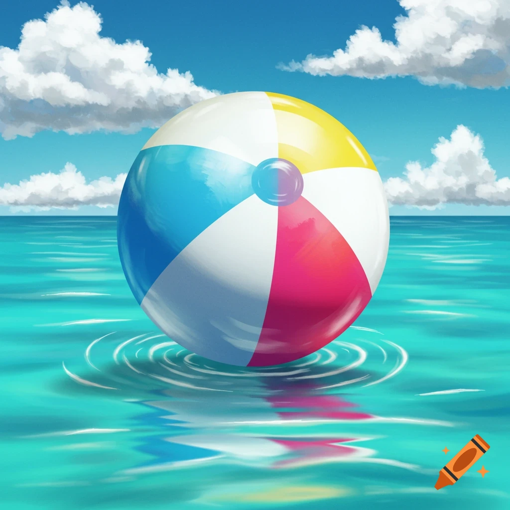 A colorful beach ball floats in turquoise water with ripples, under a blue sky with white clouds.