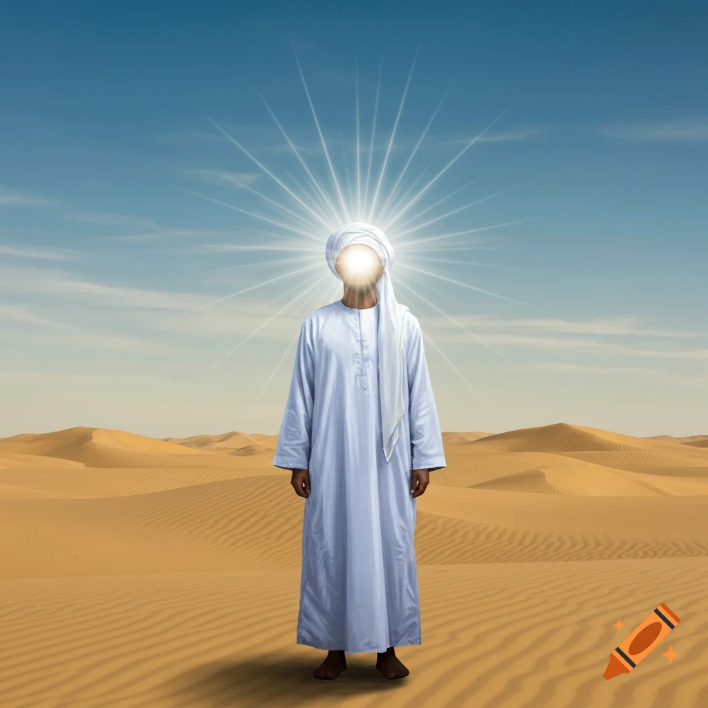 Person in white robe and turban standing in a desert with light radiating from their head.