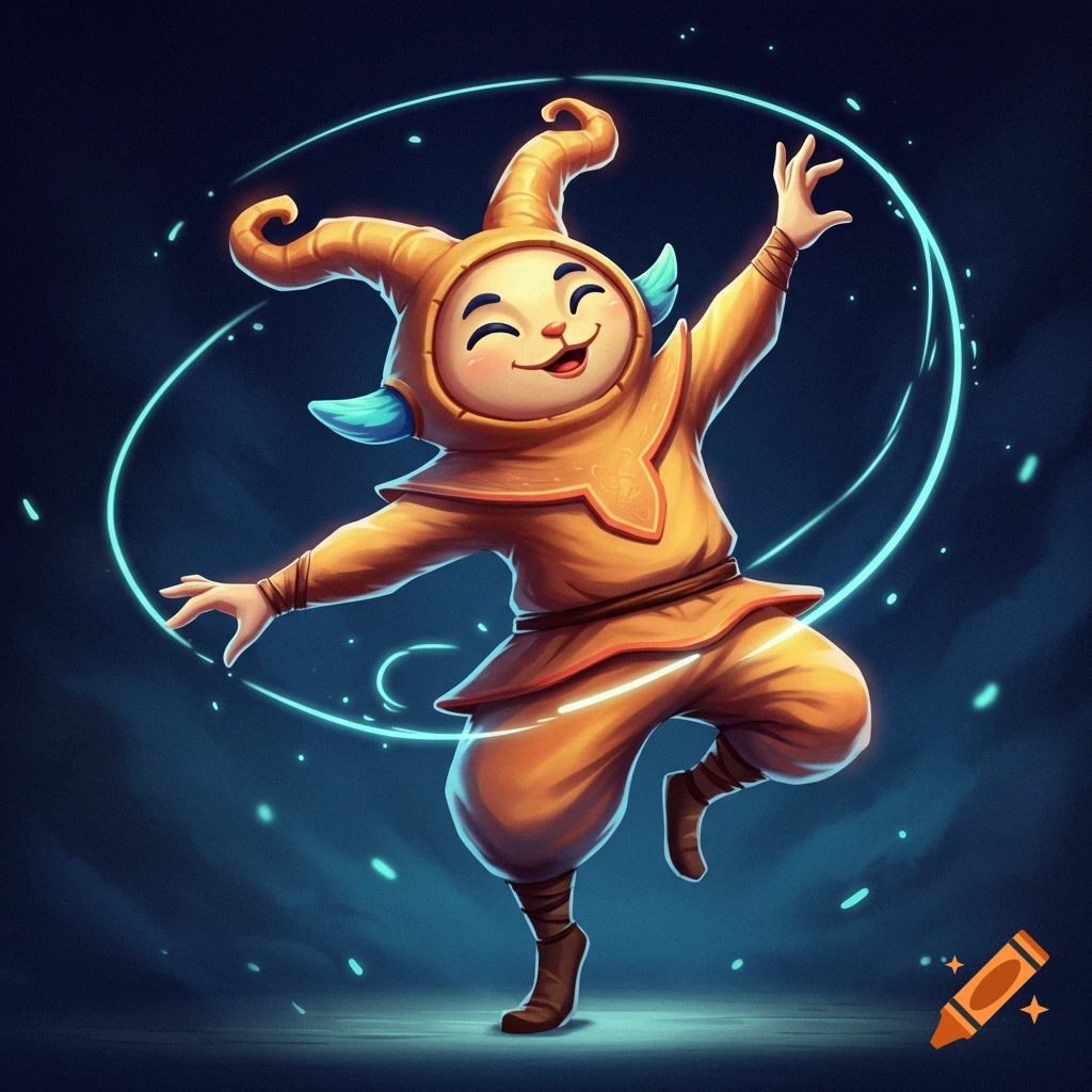 A cartoon character in an orange costume with blue ears dances with glowing blue rings around them.