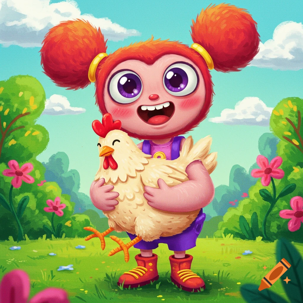 A cute cartoon girl with big eyes holds a chicken in a sunny grassy field with flowers.