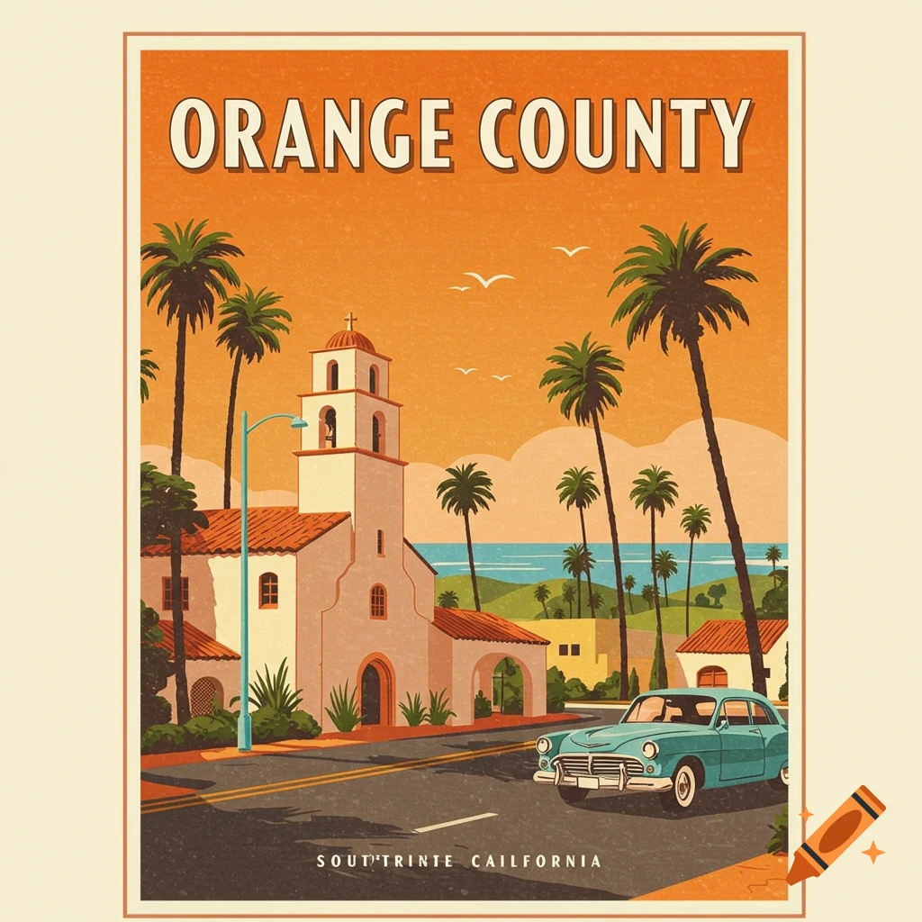 Vintage travel poster style of Orange County scene with church, palms, classic car, ocean.