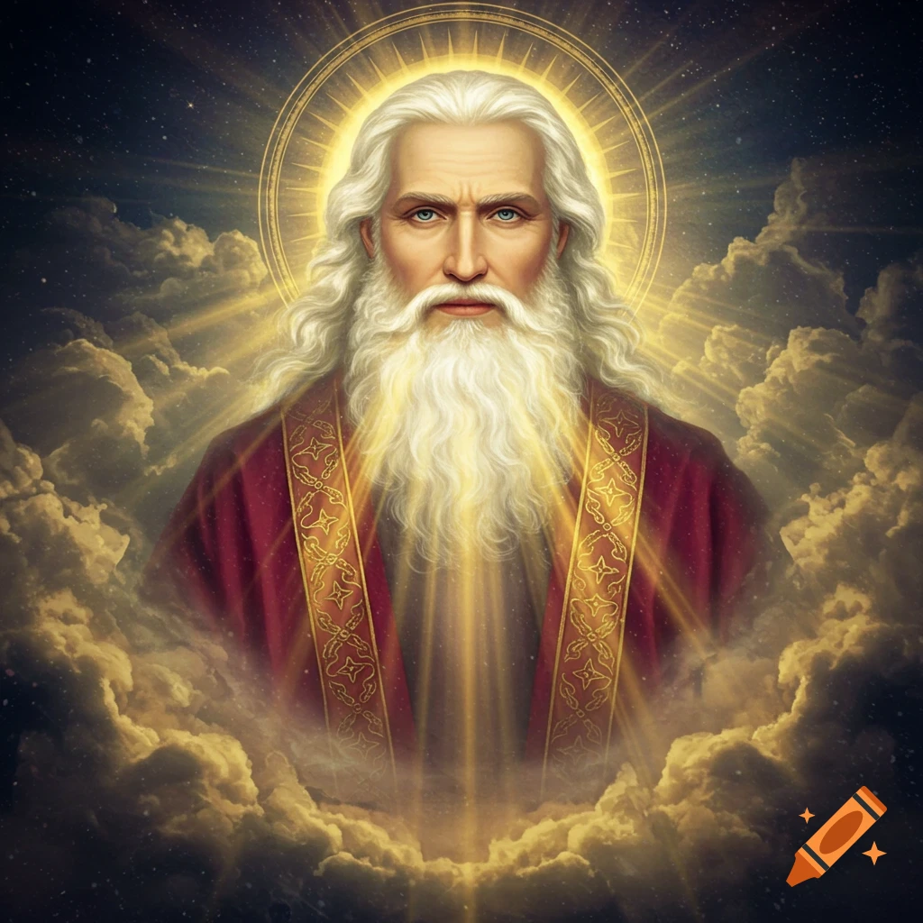 God with a white beard, halo, and bright light surrounded by clouds.