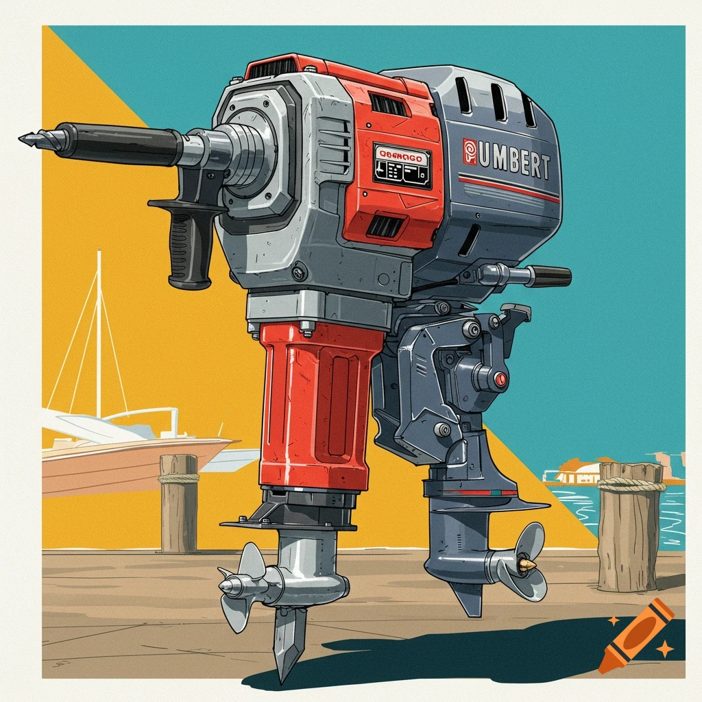A jackhammer and boat motor hybrid on a dock