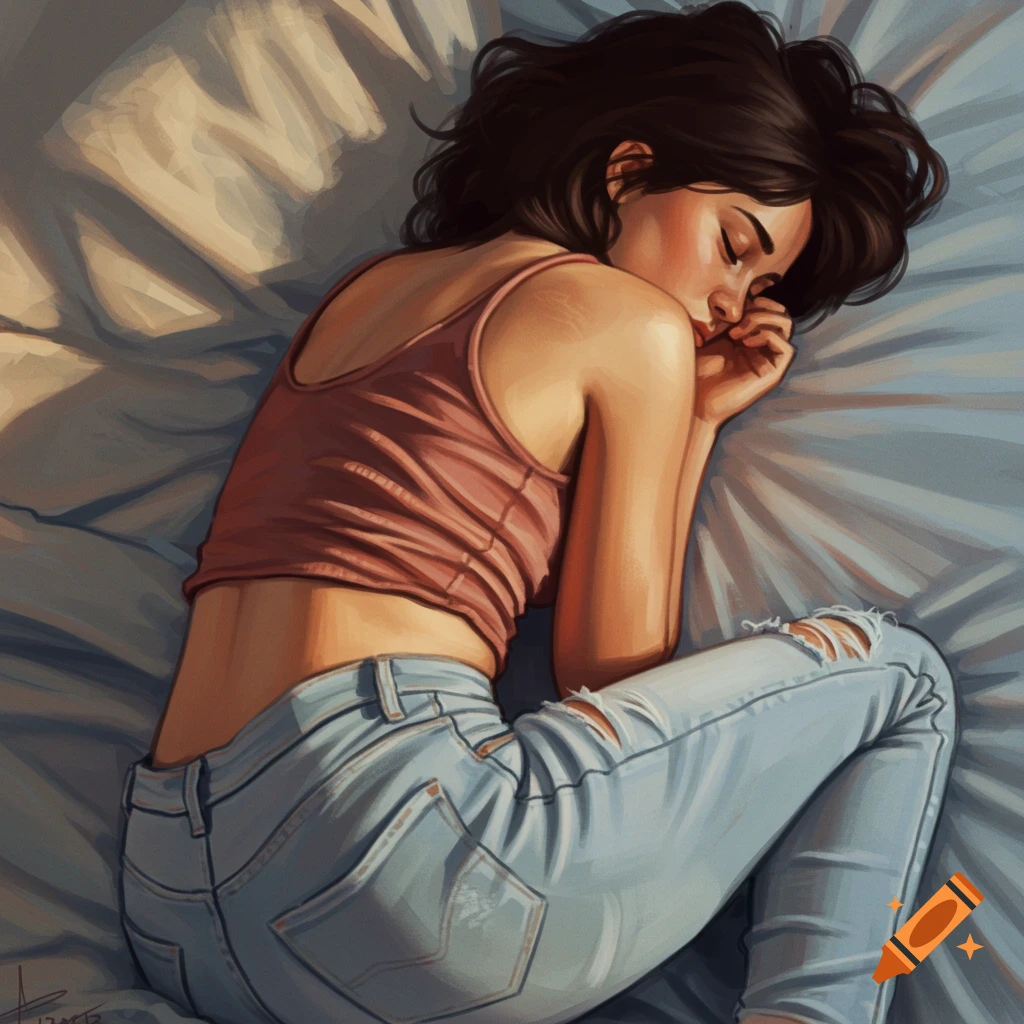 A young woman with dark hair sleeping on her side, wearing a tank top and ripped jeans on a bed with warm light.
