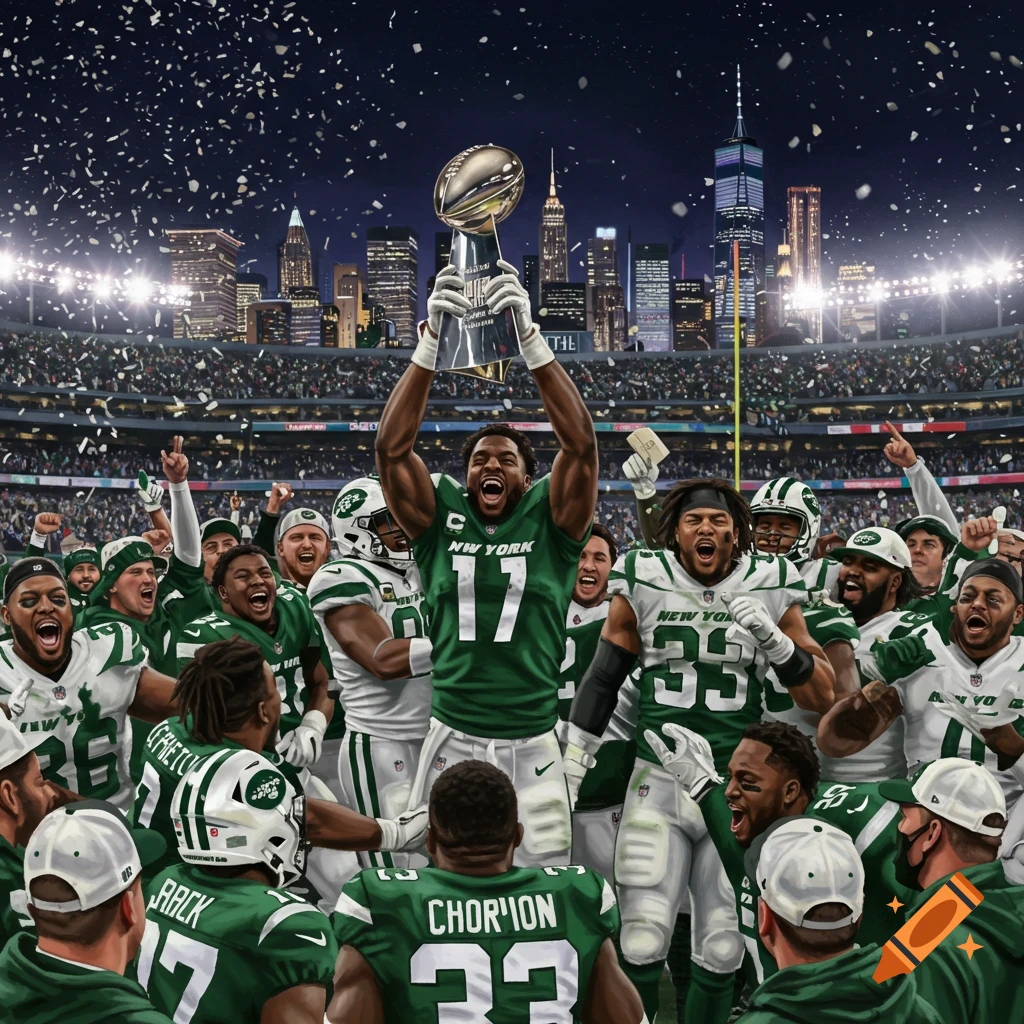 New York Jets players celebrating a Superbowl win in a stadium with the NYC skyline.