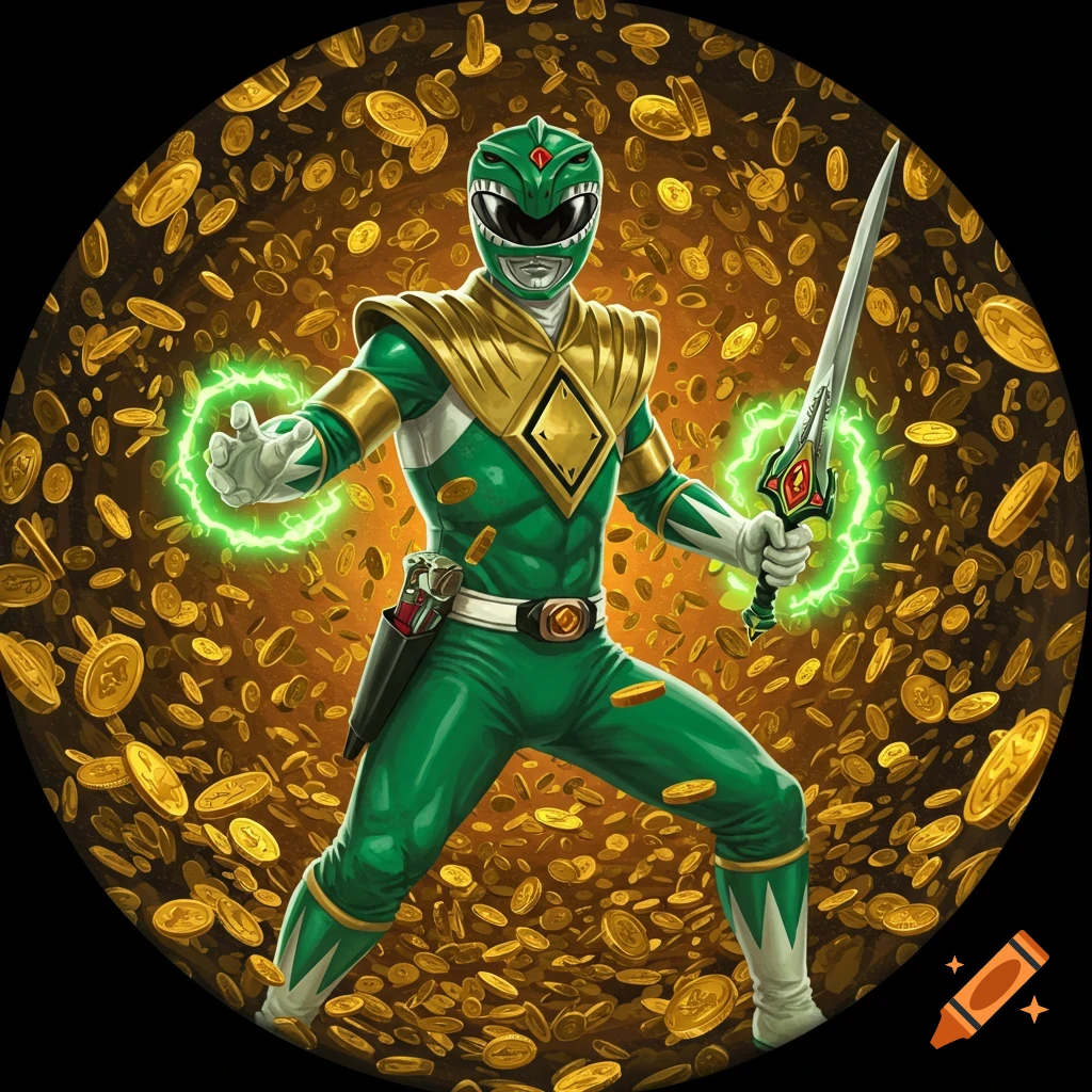 The Green Power Ranger stands amidst a shower of gold coins, his sword held high and radiating green energy.