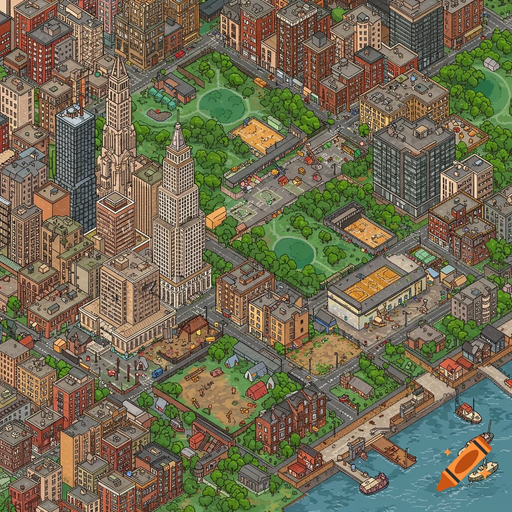 Isometric pixel art view of a diverse city with skyscrapers, parks, neglected areas, and a waterfront.