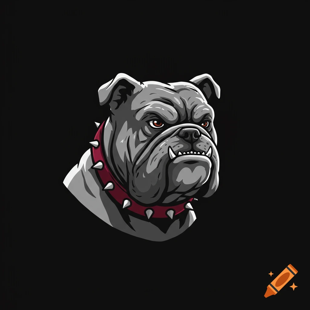 Stylized illustration of a gray bulldog head wearing a red spiked collar on a black background.