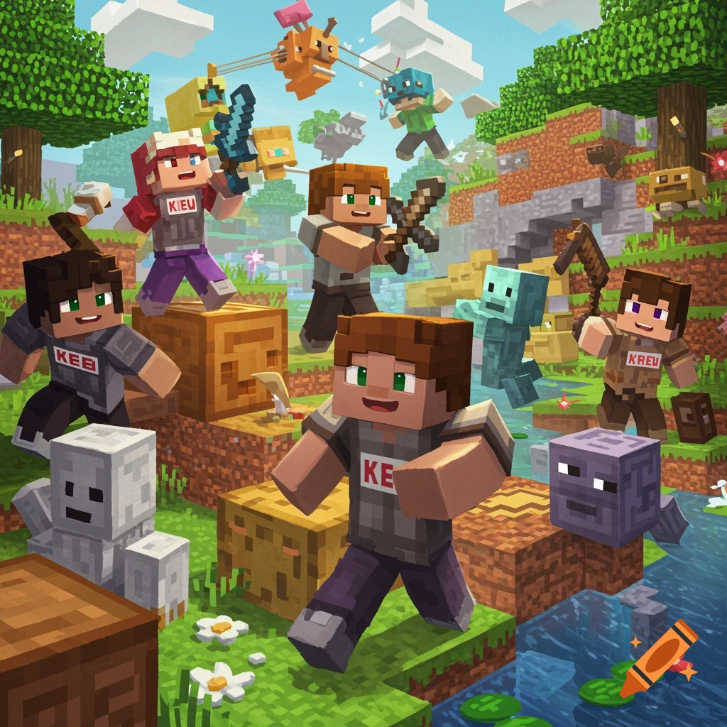 Stylized illustration of blocky Minecraft-style characters and mobs in a blocky landscape.