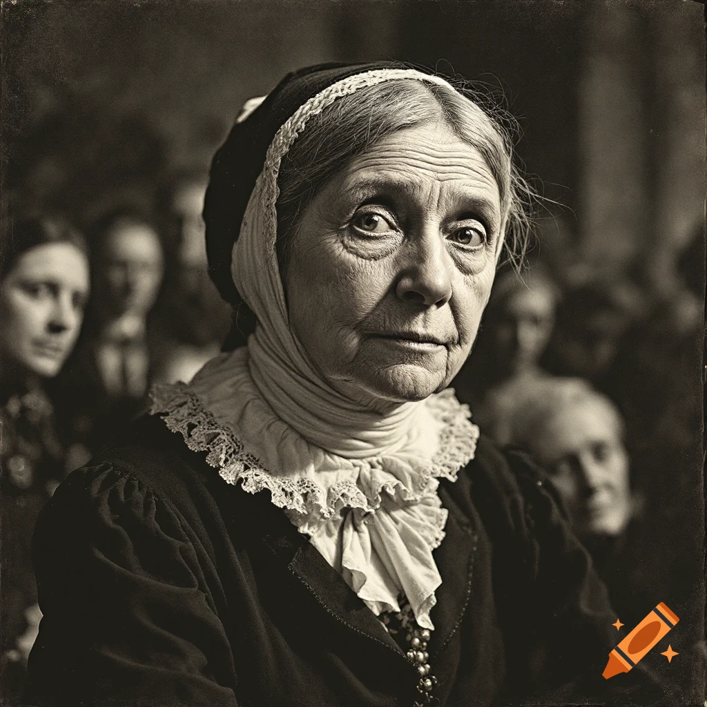 Sepia toned portrait of an elderly woman in historical clothing, resembling Susan B. Anthony, with blurred figures in the background.