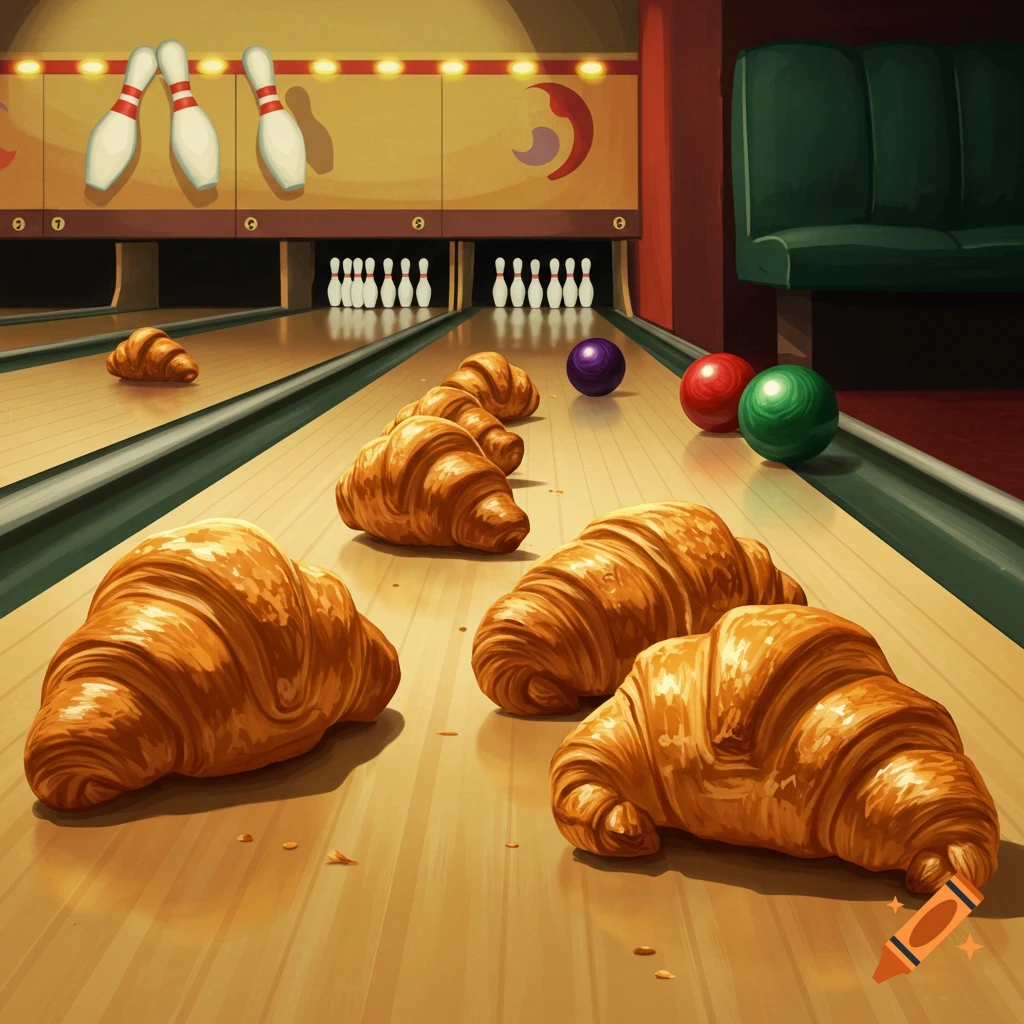 a bowling alley with croissants on the lane