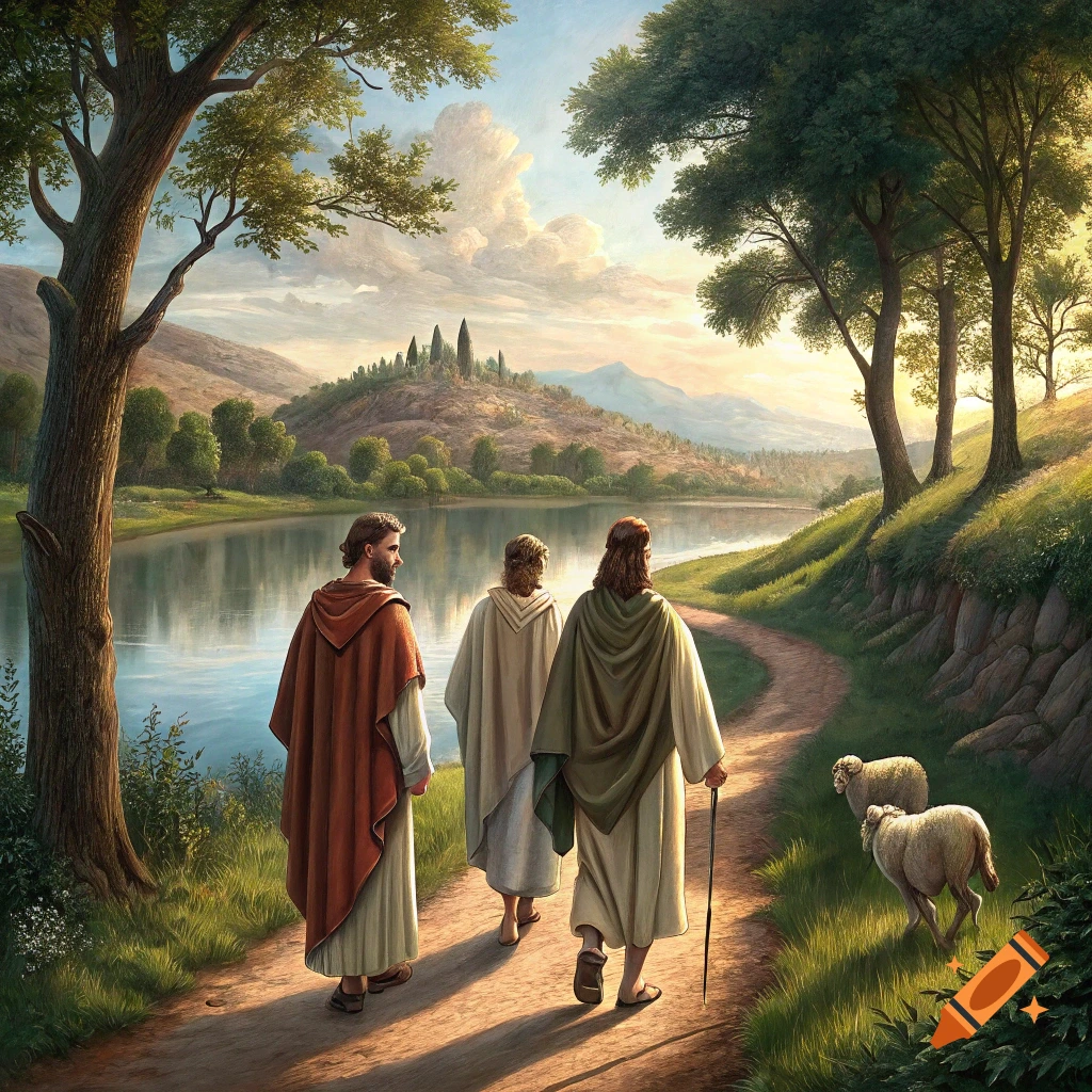 Three robed figures walk along a path beside a lake with sheep in a mountainous landscape at sunset.