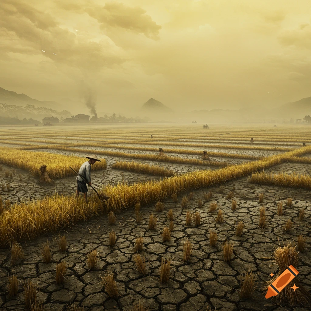 A farmer works in a dry, cracked field under a hazy sky.
