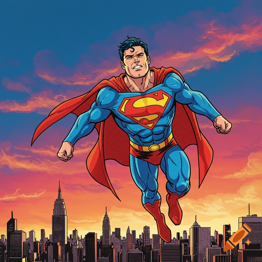 Superman flies over a city skyline at sunset in a comic book style