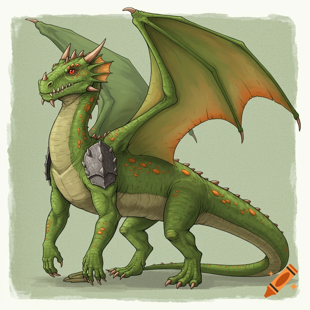 A green dragon with orange spots, red eyes, wings, and chest armor.