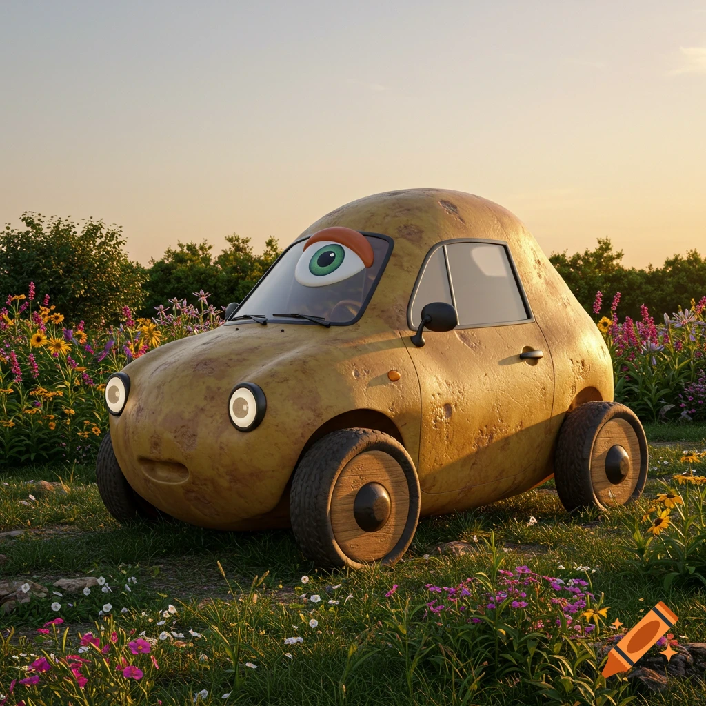 A car shaped like a potato with an eye on the windshield sits in a field of flowers at sunset.