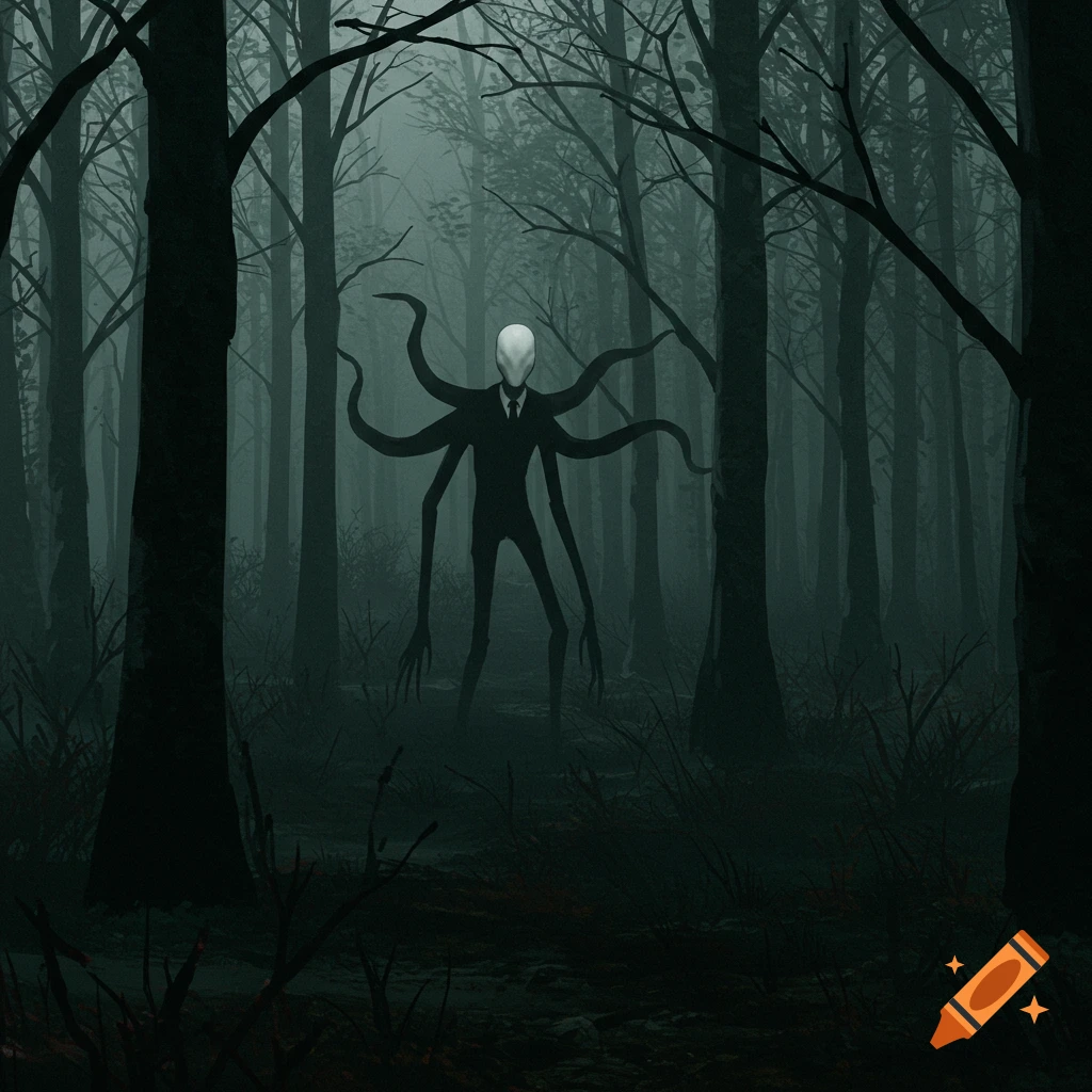 Slenderman standing in a dark, foggy forest.