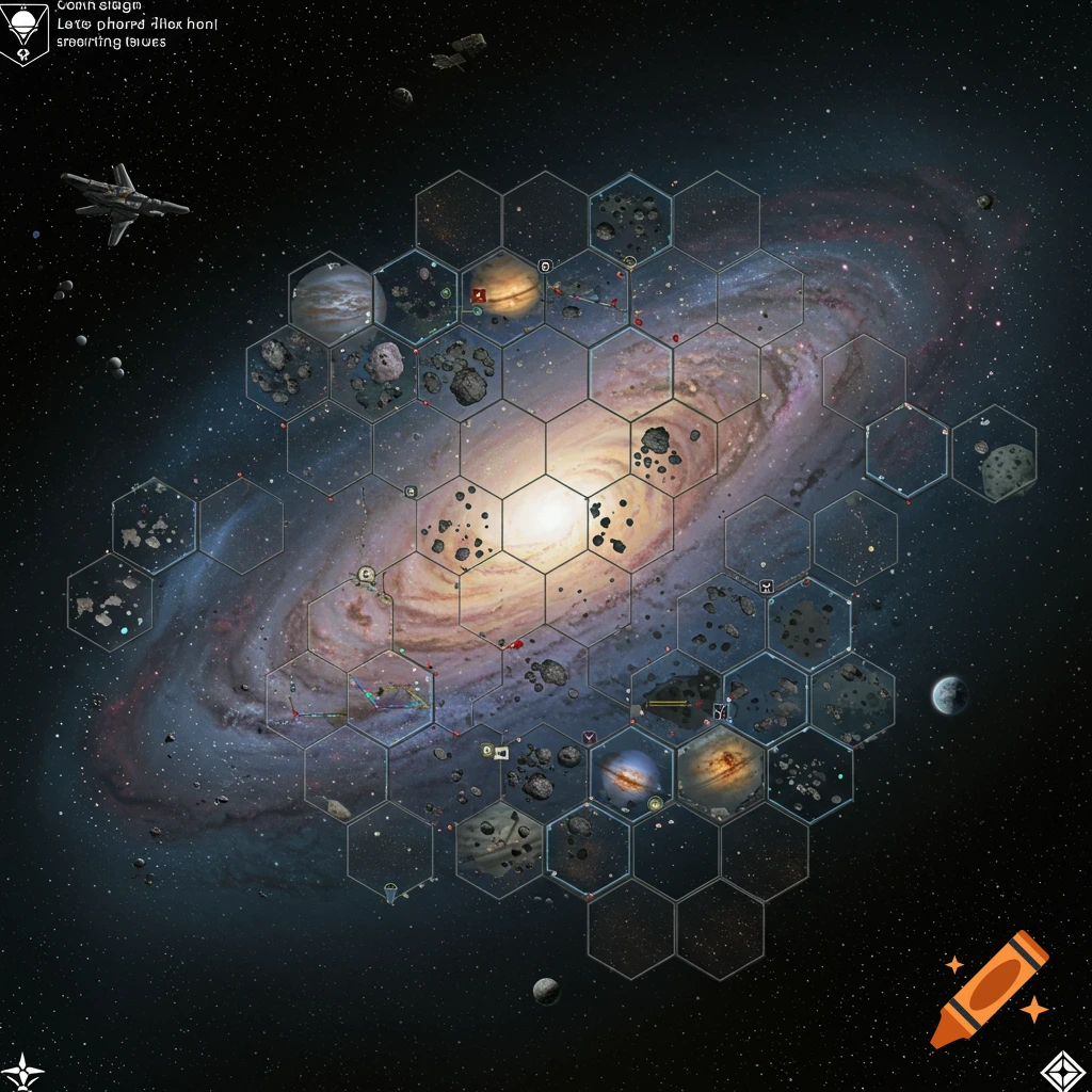 Space map with a hexagonal grid overlaid on a galaxy, showing planets, asteroids, and spaceships.