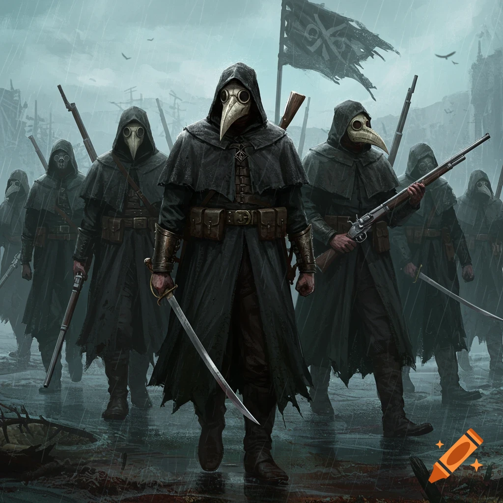 Cloaked figures in plague masks with weapons marching in the rain.