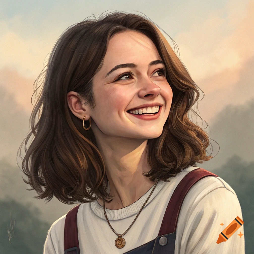 A young woman with brown hair smiles and looks up, wearing overalls and a necklace. Painted portrait.
