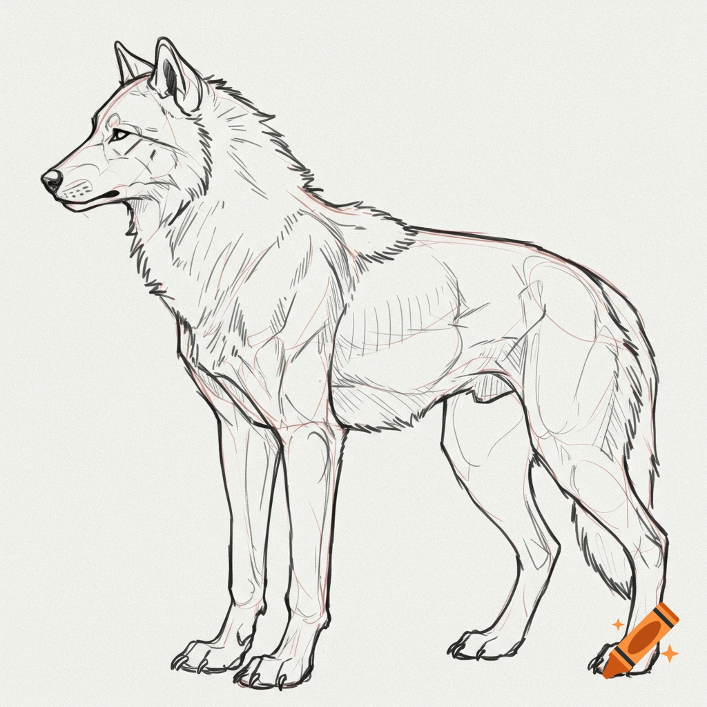 Side view line art sketch of a wolf.