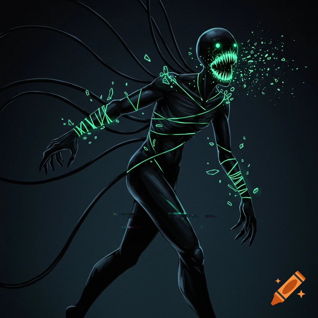 Digital art of a sleek, dark humanoid creature with glowing green eyes and lines, wrapped in wires, spitting green shards.