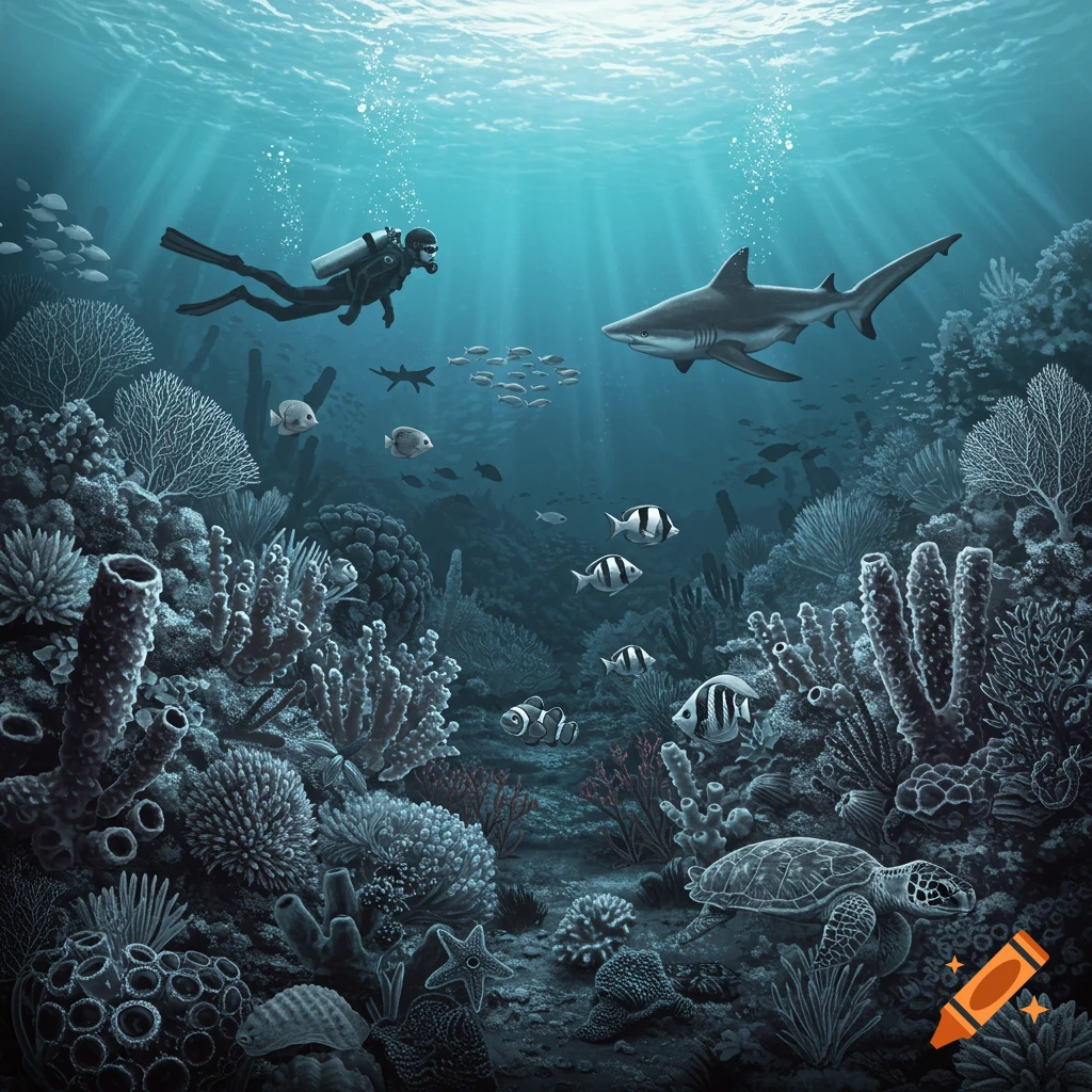 A scuba diver explores a vibrant coral reef alongside a shark, sea turtle, and fish.