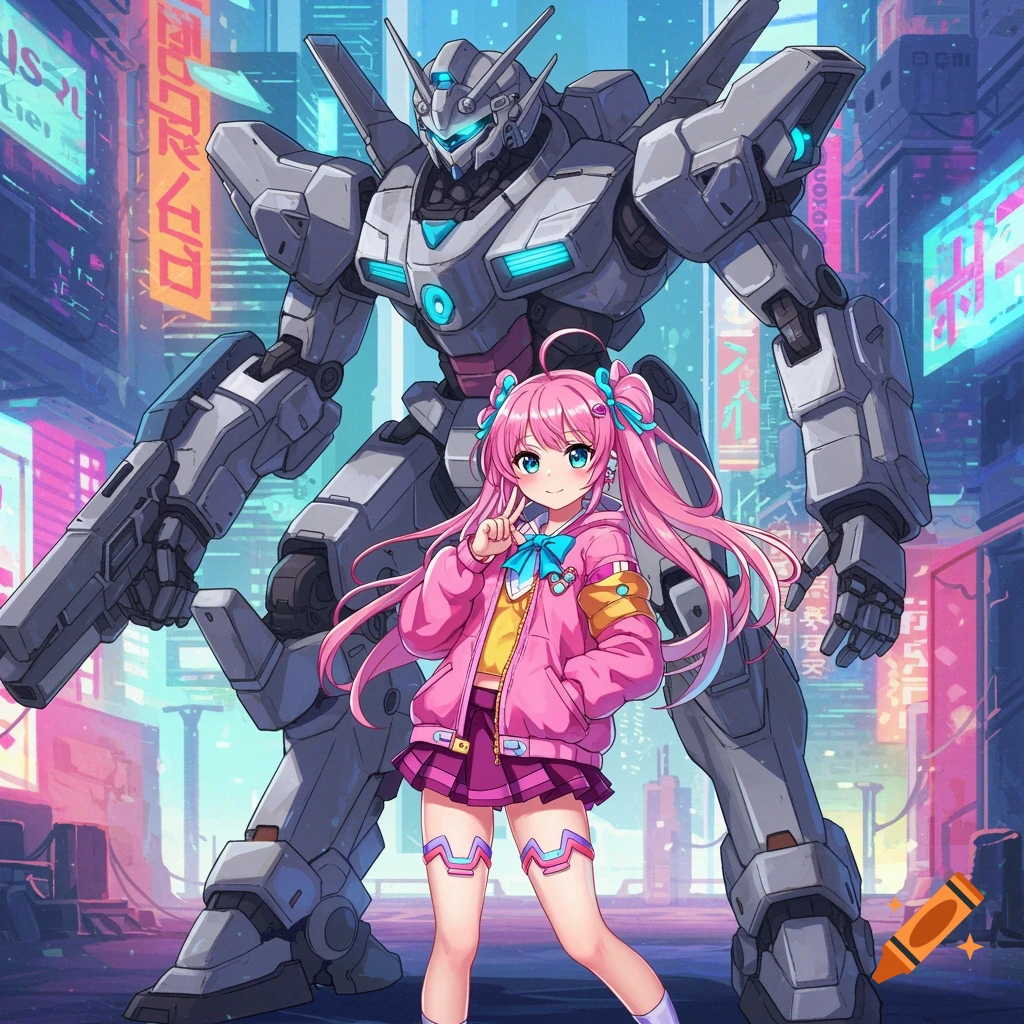 Anime girl with pink hair standing next to a giant mech in a futuristic neon city