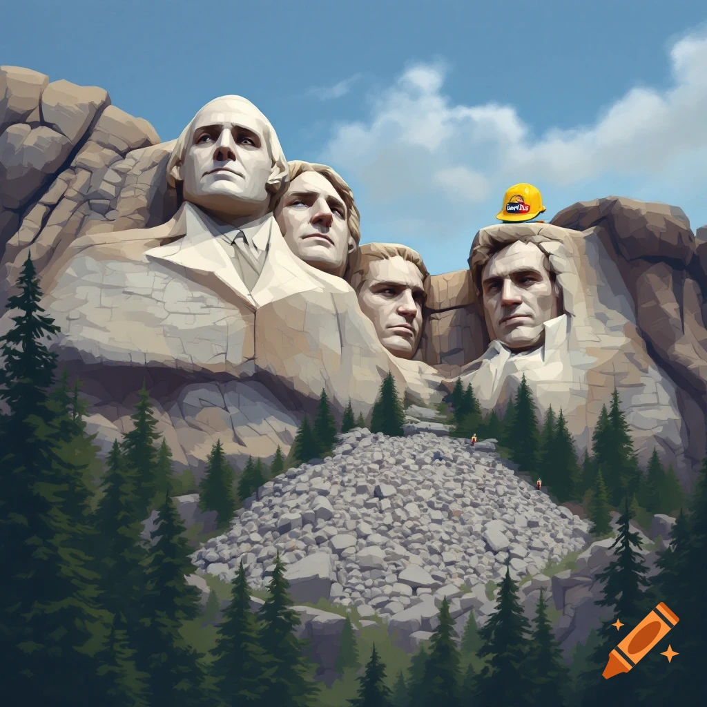 Mount Rushmore with altered faces and a yellow hardhat.